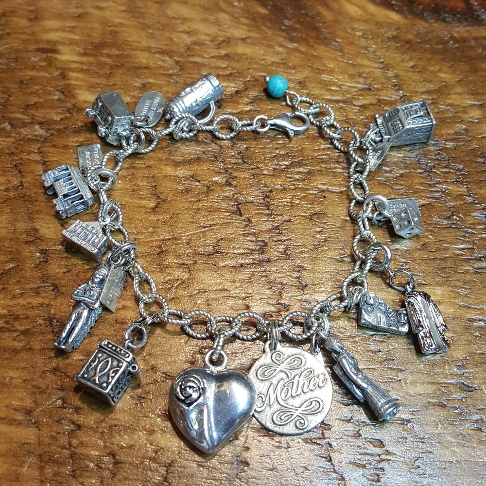 1950s Sterling Charm Bracelet 9" 13 Travel Charms Bell Trading 2.19oz Silver